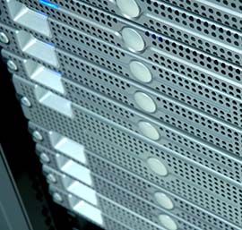 Looking down view of servers mounted in a data center cabinet.